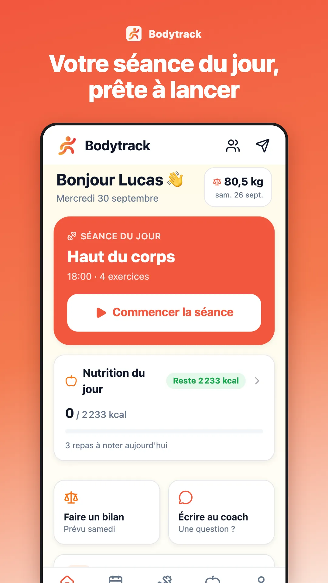 L’app Bodytrack sur Android : la séance du jour prête à lancer, la nutrition du jour, le bilan et le message au coach.